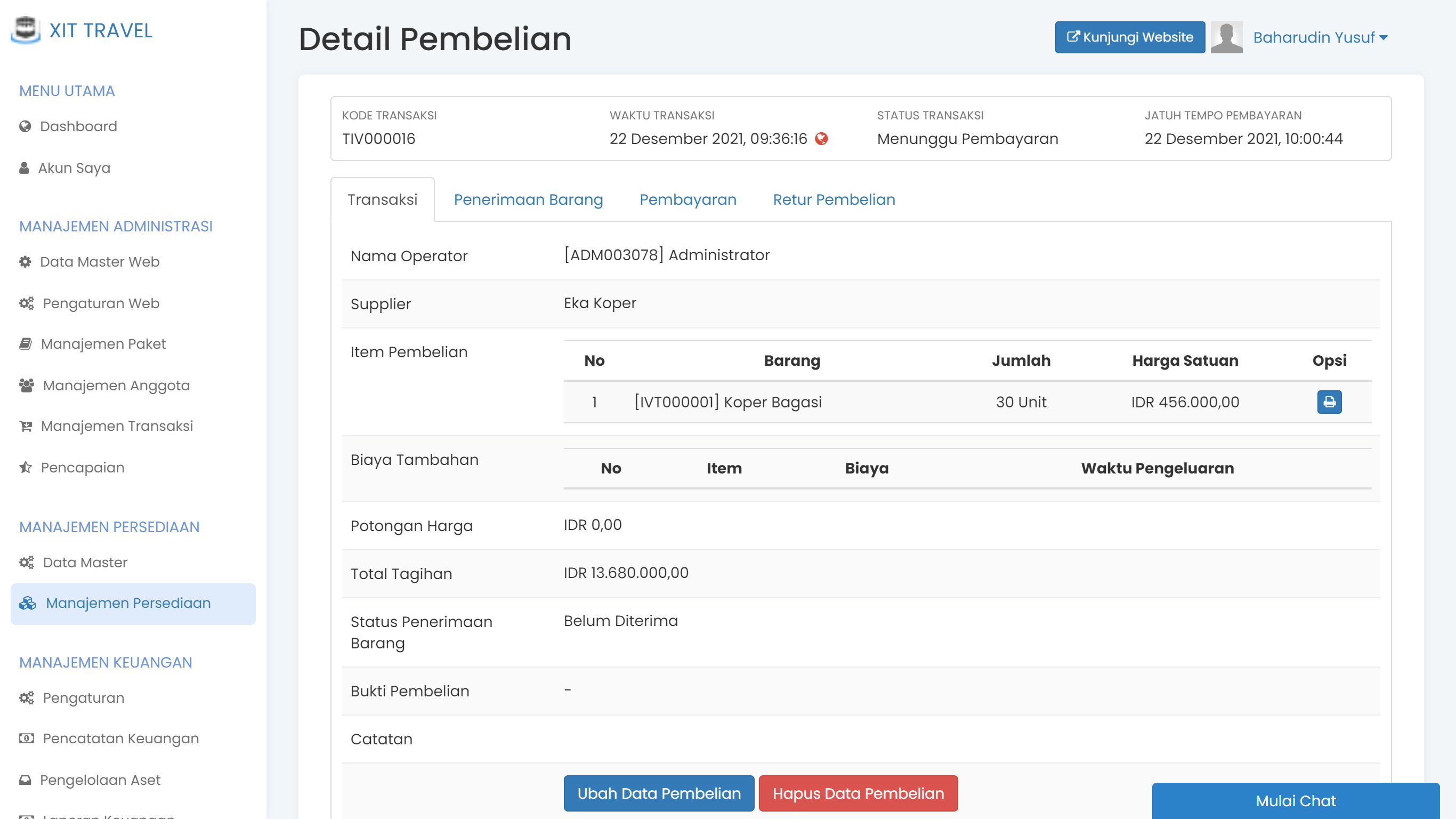 Layar pencatatan pembelian barang di Erahajj
