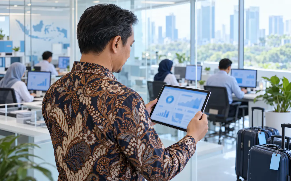 Pemilik travel memantau dashboard terpadu di tablet sementara timnya bekerja